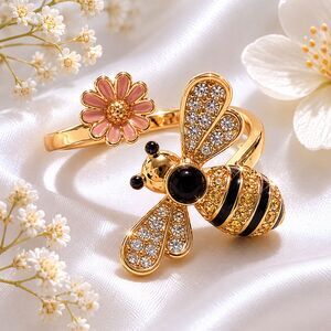 Gold Tone Bee & Flower Adjustable Rhinestone Enamel Ring
